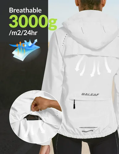 Vista 5 de BALEAF Chaquetas impermeables para mujer, cortavientos resistentes, para correr, ligeras, reflectantes, plegables, con capucha