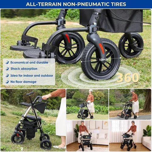 Vista 7 de Andador Rollator plegable para personas mayores con asiento, 2 en 1 ligero, silla de ruedas con ruedas para adultos, silla de transporte con frenos