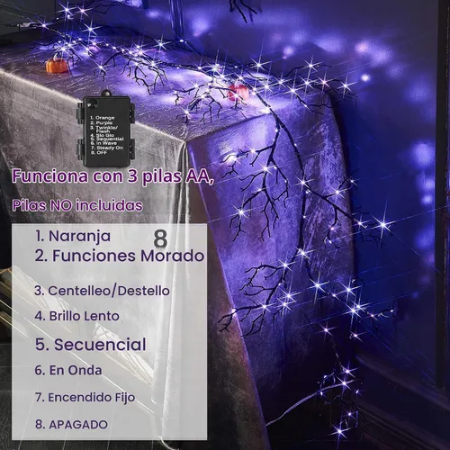 Vista 6 de Hairui - Guirnalda de Halloween con luces, 120 luces de hadas bicolor naranja y morado, 8 funciones, guirnalda negra iluminada de 6 pies, funciona