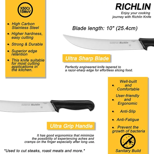 Vista 2 de Richlin Cuchillo de carnicero, cuchillo de chef de 10 pulgadas, cuchillo de filete, cuchillo de cítrico de carne, cuchillo de cocina ultra afilado