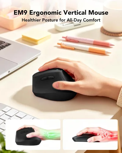 Vista 3 de KYSONA Ratón ergonómico inalámbrico, mouse vertical Bluetooth, DPI ajustable de 5 niveles, ratones con interruptor silencioso de 2.4 G para Windows