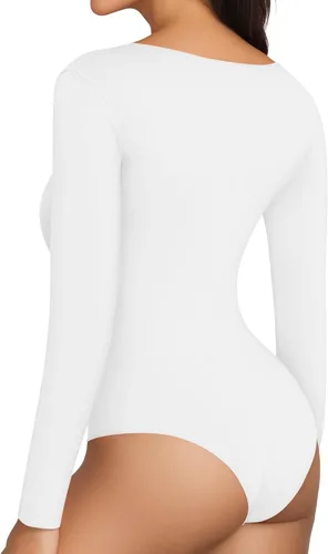 Vista 4 de MANGOPOP Body de doble forro fruncido para mujer, manga larga, cuello redondo, cuello cuadrado, camisas básicas