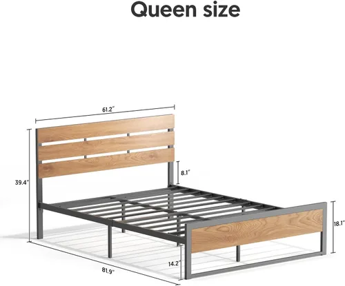 Vista 3 de BONSOIR Base de cama tamaño Queen con plataforma de acero estable con cabecero de madera/estribo, no necesita somier, fácil montaje, sin chirridos