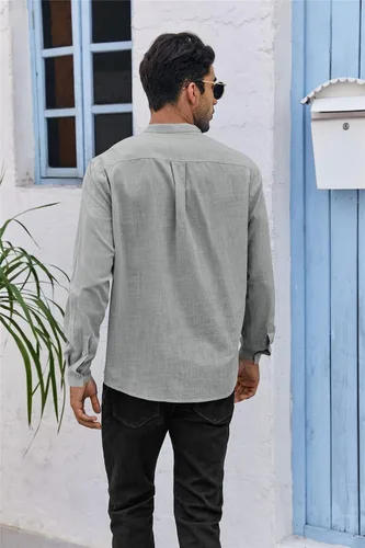 Vista 3 de Taoliyuan Camisas de lino de manga larga con botones para hombre, cuello mandarín, casual, ajuste regular