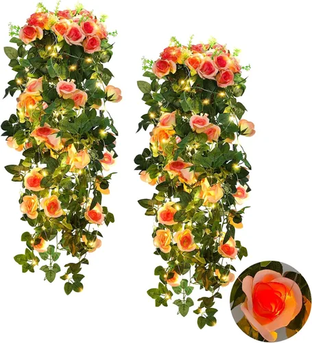 Vista 27 de RECUTMS - Guirnalda de flores artificiales colgantes de rosas negras, 2 guirnaldas florales falsas de 3.3 pies con 30 luces LED para pared