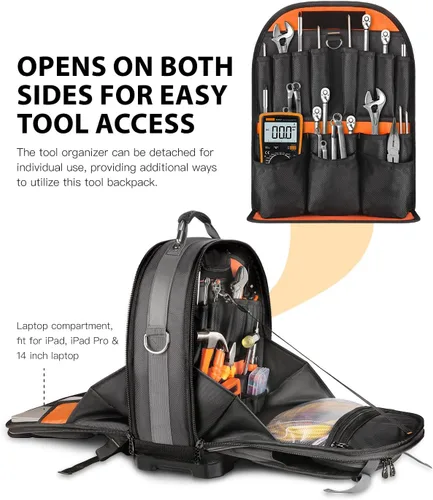 Vista 3 de Mochila de herramientas con compartimento para portátil, bolsa de herramientas completamente abierta, bolsas de herramientas HVAC, mochila