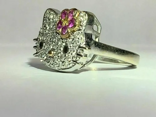 Vista 3 de Hello Kitty - Anillo de diamante de corte redondo de 2 quilates, plata de ley 925 maciza, anillo Art Deco, regalo de mujer, lindo anillo de gatito