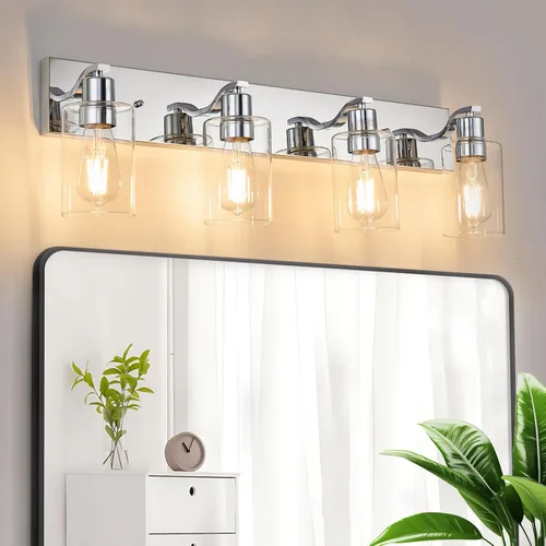 Vista 11 de 2 Luces de Iluminación para Baño, Accesorios de Iluminación de Tocador en Bronce Cepillado con Soporte de Vidrio Transparente de 33cm, Lámparas
