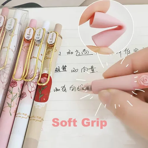 Vista 5 de MOZXIRZ 4 piezas de bolígrafos de gel retráctiles con flores, tinta negra, 0.5mm, para niñas/mujeres, lindos, estéticos, bolígrafos para Flor-1
