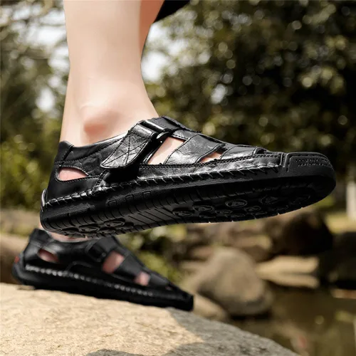 Vista 6 de GEXECEUSS Sandalias para hombre con punta cerrada, sandalias deportivas de cuero, sandalias de pescador, sandalias casuales para caminar al aire