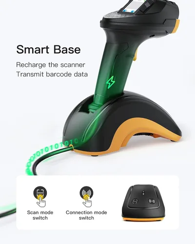 Vista 5 de Inateck Escáner de código de barras Bluetooth, escáner de mano inalámbrico 2D 1D, escáner de código QR, equipado con una pantalla táctil y base