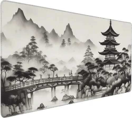 Vista 18 de Alfombrilla extendida para mouse, diseño de paisaje de pintura de tinta china, 35.4x15.7 pulgadas, tapete para teclado de juegos con bordes cosidos
