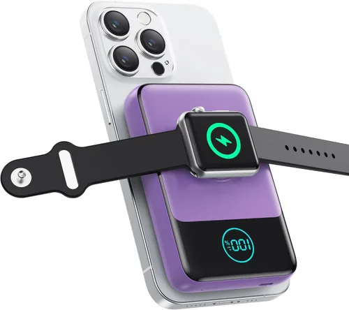Vista 8 de Cargador portátil magnético para iPhone, Banco de energía inalámbrico Qi2 de 10800mAh y 15W con cargador para iWatch, Paquete de batería de viaje