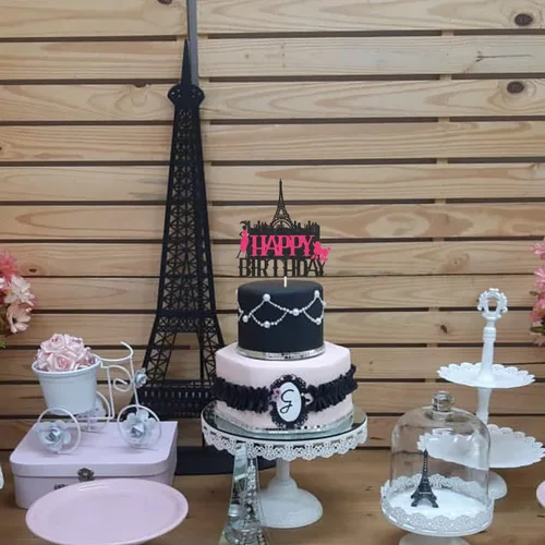 Vista 3 de Decoración para tartas de la Torre Eiffel de París de Feliz Cumpleaños para niñas y mujeres