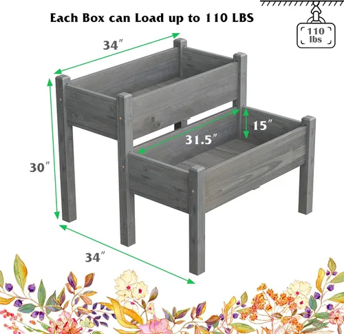 Vista 9 de Giantex Juego de 2 camas de jardín elevadas, caja de madera elevada, kit de cama elevada para flores, verduras, frutas, hierbas, contenedor de Gris