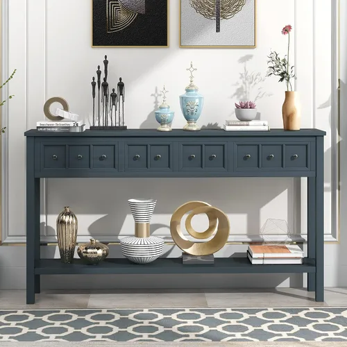 Vista 10 de Mesa consola de madera para sofá con 3 cajones y 3 cestas de almacenamiento, multifuncional de 47 pulgadas de largo, mesa de entrada, gabinete