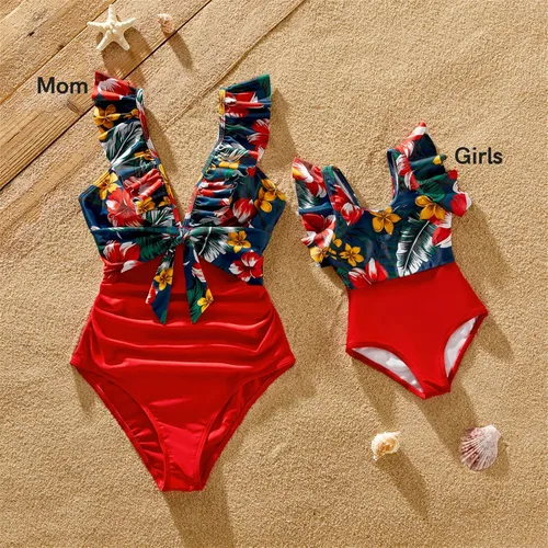Vista 5 de PATPAT Traje de baño familiar a juego de una pieza con volantes verdes y estampado floral, conjunto de tankini y traje de baño rojo, Verde