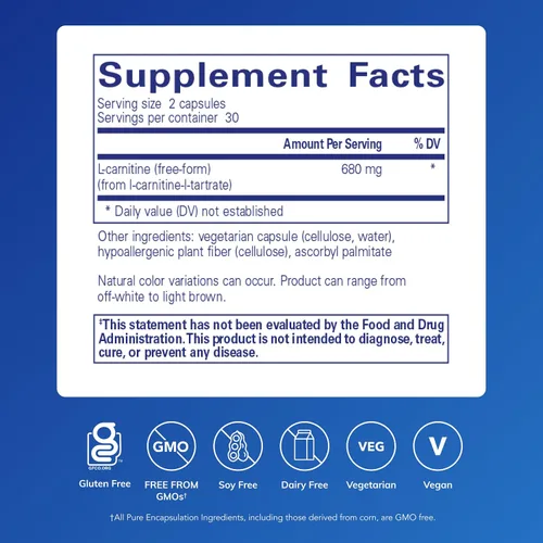 Vista 2 de Pure Encapsulations L-Carnitina Suplemento hipoalergénico para apoyo cardiovascular y de resistencia 60 cápsulas Suplemento hipoalergénico