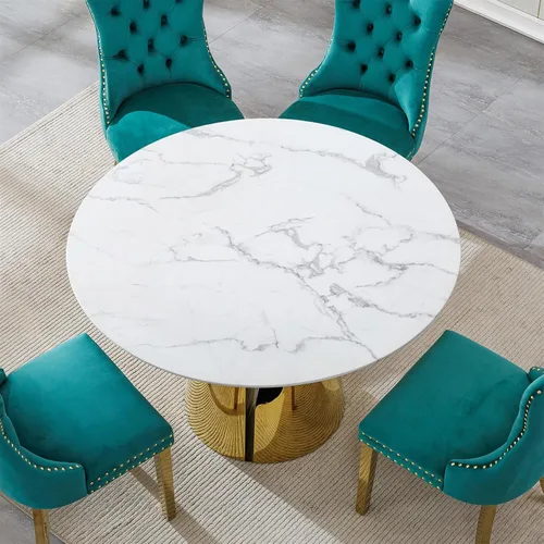Vista 7 de SSLine Mesa de comedor redonda de mármol sintético blanco para 4-6, mesa de Mesa de oro blanco