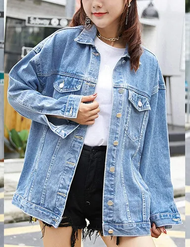 Vista 4 de Omoone Chaqueta vaquera de gran tamaño media larga para mujer