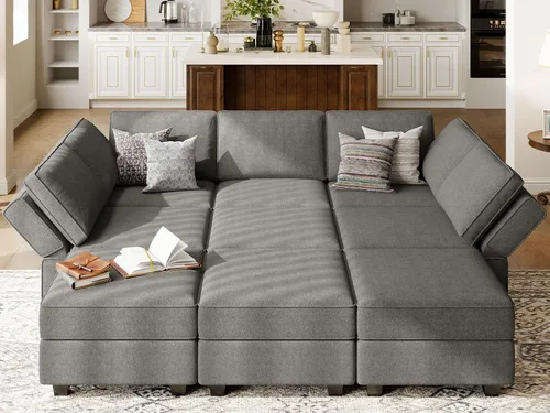 Vista 15 de Belffin - Sofá seccional modular con cama oculta, sofá seccional convertible para sala de estar. Sofá color gris claro