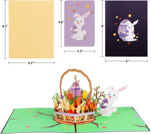 Vista 6 de D4DREAM Tarjeta desplegable de Pascua con sobre, 6 x 8 pulgadas, cesta de huevos de Pascua 3D, tarjeta de felicitación de conejo, ramo de flores