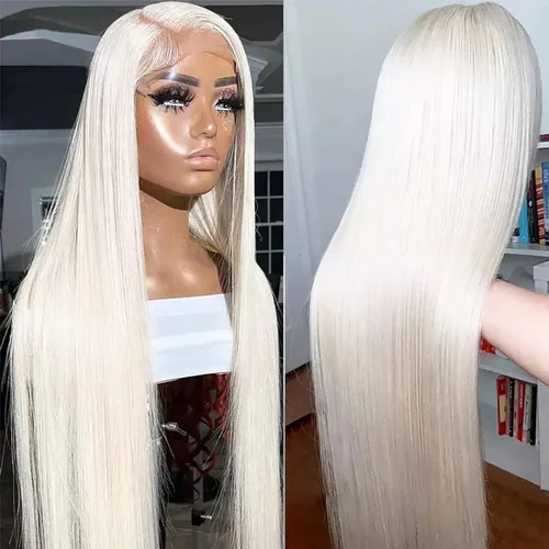 Vista 2 de Lovestory Peluca de encaje frontal larga y recta color blanco platino, predepilada, rubio platino, pelucas de encaje frontal sintético para mujeres