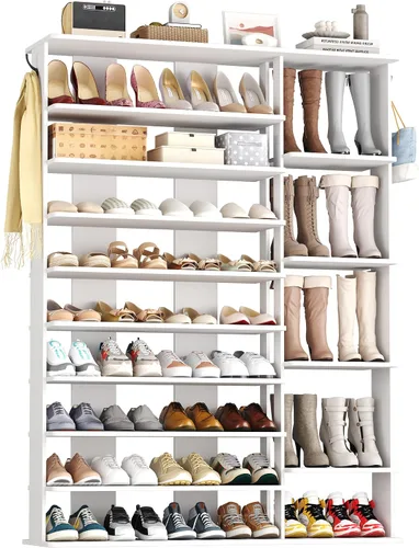 Vista 19 de HOMEFORT Zapatero vertical de 10 niveles, torre de zapatos de esquina, organizador de zapatos delgado con dos ganchos para colgar, soporte
