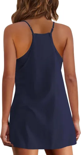 Vista 6 de MRGIINRI Vestidos de verano para mujer 2023 sin mangas, mini vestido con cuello en V, tirantes delgados, vestido corto atlético con bolsillos