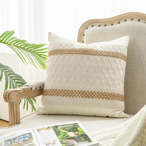 Vista 10 de 1 funda de almohada para sala de estar, algodón y arpillera, estilo bohemio decorativo para el hogar (beige y azul, 16 x 16 pulgadas)
