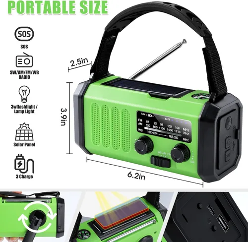 Vista 7 de Radio de emergencia con manivela de 10000 mAh, radio meteorológica NOAA con radio AM/FM y solar, batería recargable, linterna y luz de lectura