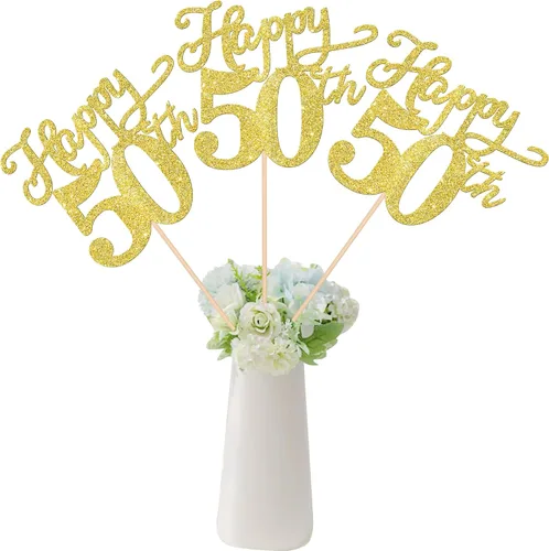 Vista 22 de Rsstarxi Paquete de 12 palitos de centro de mesa de cumpleaños número 50 para decoración de mesa de cumpleaños 50 para hombre, decoración de mesa