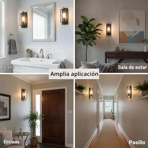 Vista 6 de Lámpara de baño de 1 luz, aplique de pared negro mate con pantalla de vidrio transparente, lámpara de pared interior con base E26 para espejo, sala