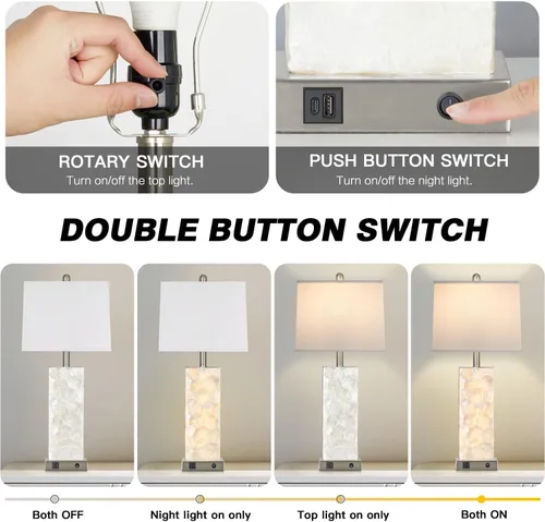 Vista 6 de Lámparas de mesa costeras de 28 pulgadas para sala de estar, lámparas de noche con luz nocturna, puertos USB A+C, moderna concha de mar