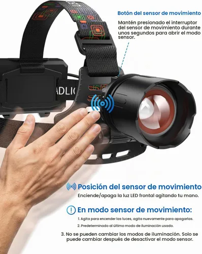 Vista 6 de Linterna frontal recargable con luz de doble color y sensor de movimiento, 1000 lúmenes, linterna de cabeza súper brillante, IPX6 impermeable