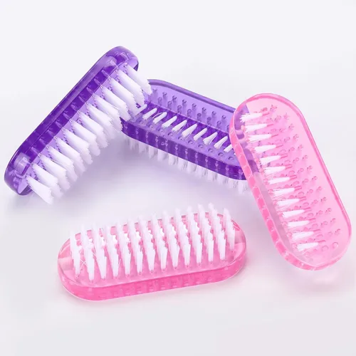 Vista 7 de Cepillos de limpieza de uñas de plástico para uñas de 2 caras, cepillo antideslizante para uñas, paquete de 4 (rosa y morado)