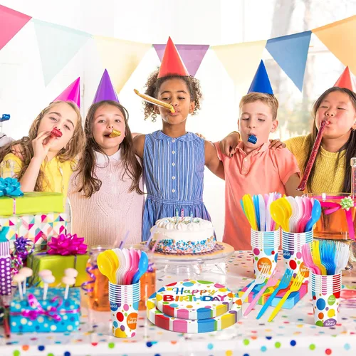 Vista 6 de Meanplan Sirve a 24 invitados con platos y servilletas de cumpleaños arcoíris con lunares, juego de vajilla de cumpleaños de lunares arcoíris