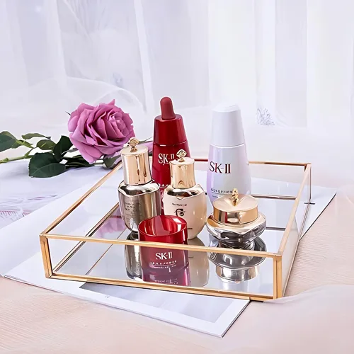 Vista 2 de Sooyee - Bandeja dorada con espejo cuadrado, bandeja de espejo que puede contener joyas, perfumes, maquillaje, desayuno, té, comida, revistas y más