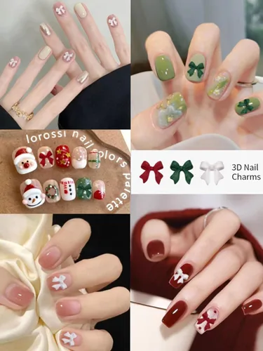 Vista 5 de CYHYII - Lazos 3D para arte de uñas, lazos coloridos mezclados con pajarita roja, verde, azul, diamantes de imitación para uñas, parte trasera