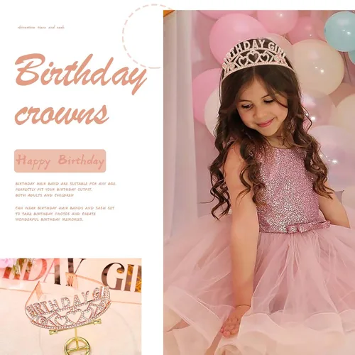 Vista 3 de Acenail Corona de cumpleaños para niña, banda de cumpleaños, tiara de cumpleaños para niñas, coronas de cumpleaños con diamantes de imitación