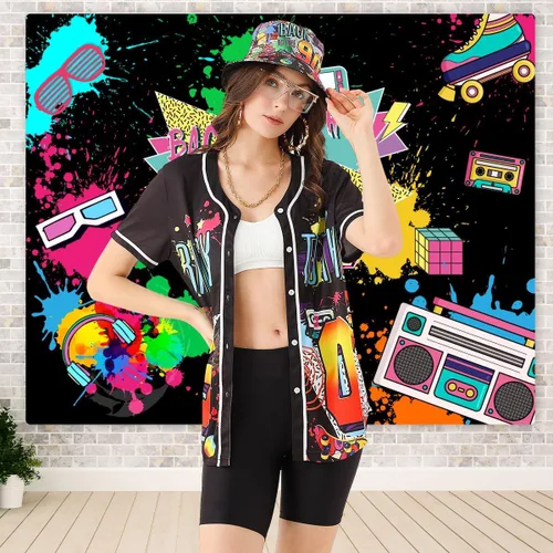 Vista 5 de Traje de los años 80 y 90 para mujer, disfraz unisex de hip hop, camiseta de béisbol, pantalones de yoga, sombrero de pescador, cadena dorada