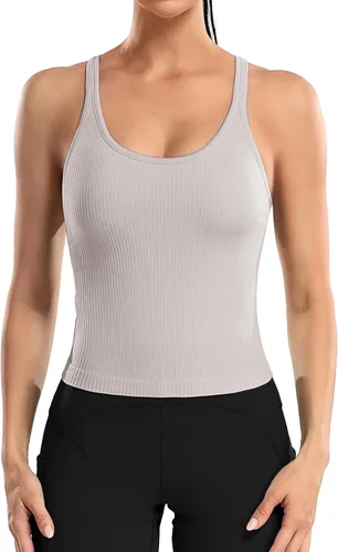 Vista 71 de ATTRACO Camiseta corta acanalada de entrenamiento para mujer con brasier integrado para yoga, espalda cruzada, ajuste ajustado