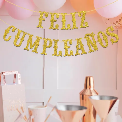 Vista 4 de Cartel de Feliz Cumpleaños con purpurina dorada – Cartel español de feliz cumpleaños, decoración de fiesta mexicana temática de fiesta de cumpleaños
