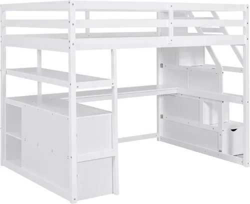 Vista 8 de Quarte Cama alta multifuncional, cama alta tamaño matrimonial con escritorio integrado y estantes de almacenamiento, dos cajones y escalera