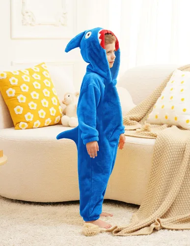 Vista 8 de LOLANTA Disfraz de tiburón de dinosaurio para niños y niñas, overol de franela de animal suave de una pieza para niños, vacaciones, cumpleaños