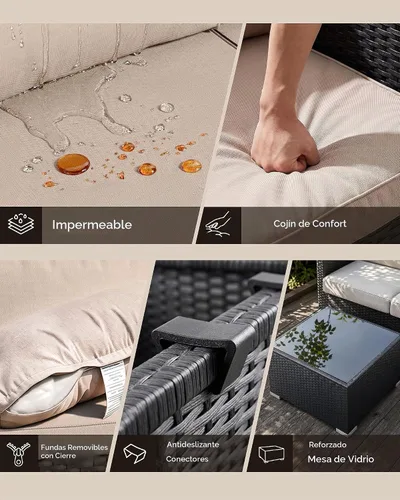 Vista 2 de Skyfish Juego de muebles de patio, reposabrazos anchos, sofá modular de mimbre para todo tipo de clima, 5 piezas para exteriores con diván, juego
