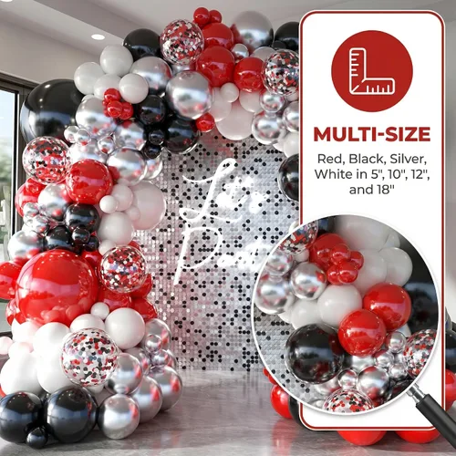 Vista 9 de Kit de arco de globos negros y rojos, guirnalda de globos plateados, globos de confeti blanco, decoración de cumpleaños, aniversario de boda