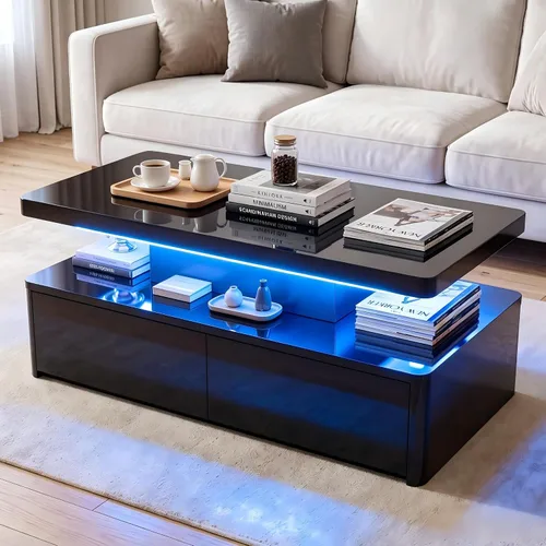Vista 12 de Mesas modernas de sala de estar, mesa de centro LED con luces LED, mesa central rectangular de 2 niveles con gran almacenamiento, superficie de alto