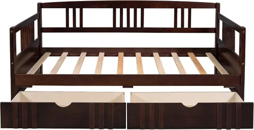 Vista 4 de Sofá cama de madera maciza con dos cajones, soporte de listones de madera, marco de cama para dormitorio, sala de estar (expreso, individual)