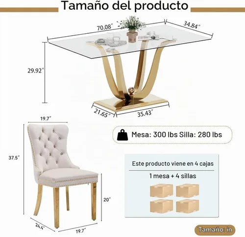Vista 3 de Juego de mesa de comedor de cristal dorado moderno de 70 pulgadas para 4, juego de mesa rectangular de comedor de cocina de 5 piezas con base